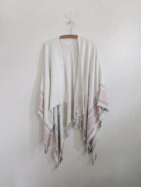 Cozy Ivory and Blush Fringe Ruana Wrap - Unbranded